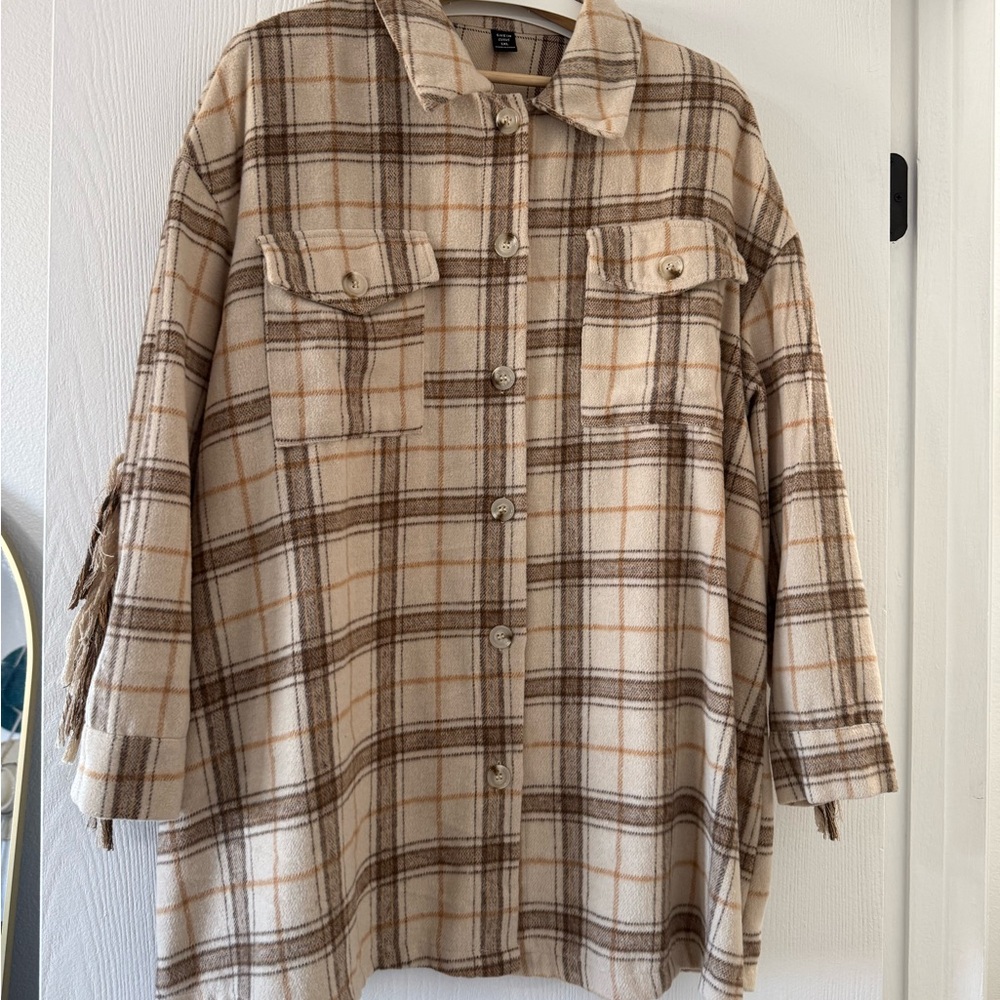 Plaid Button-Up Shacket with Fringe on the back